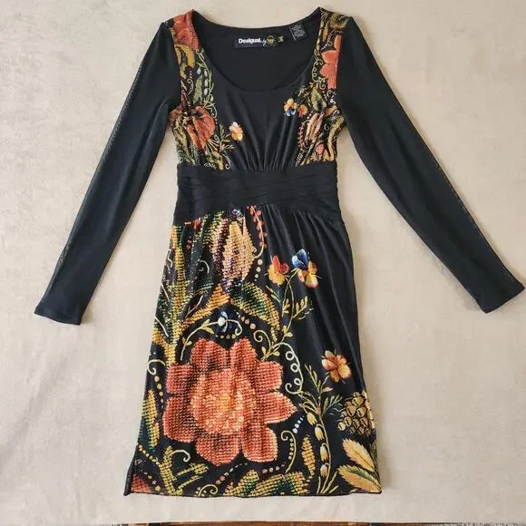 Desigual by Christian Lacoix XS pleated mesh waist Artsy Boho Festival floral - Picture 2 of 16